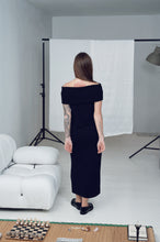 Load image into Gallery viewer, Black Off Shoulder Fitted Wool Maxi Dress